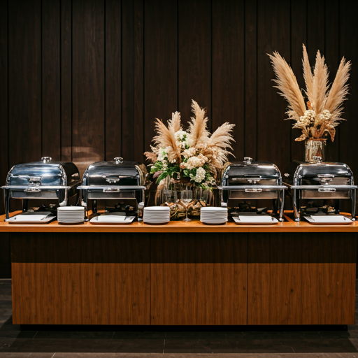 Professional corporate buffet setup with elegant decor